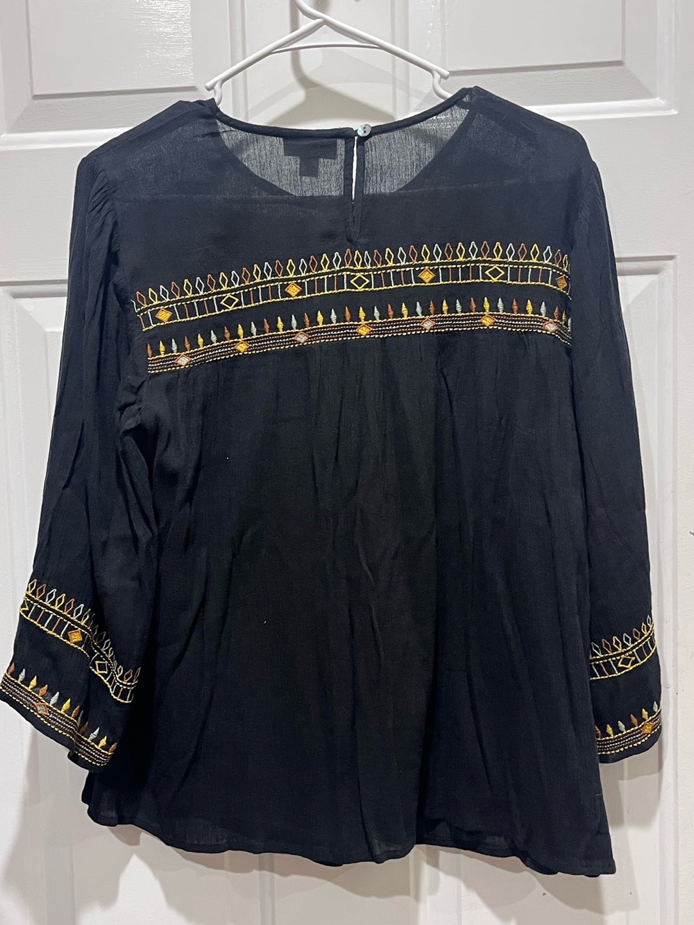 J Jill Black Embroidered Boho Blouse - Lightweight 3/4 Sleeve Top Small Petite